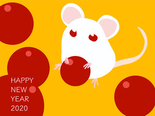 2020年　年賀状素材　ハツカネズミと南天のイラスト