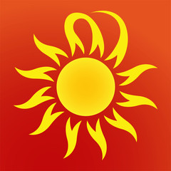 Creative yellow sun icon isolated on red background.