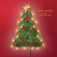 Merry Christmas and Happy New Year. Christmas tree branches and light bulbs with decoration on white background.	