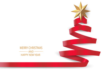 Merry Christmas and Happy New Year. Christmas tree made by Red ribbon roll with golden star.