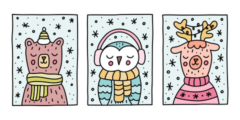 Christmas and New Year doodle holiday characters. Cute animals: deer, bear and owl in winter clothes. Vector illustration. 