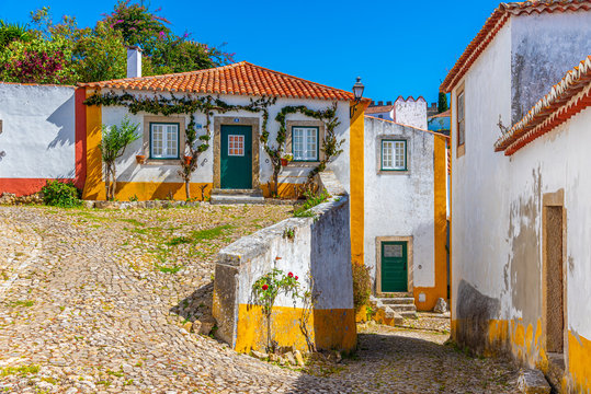 a narrow street inside of the obidos castle in Portugal