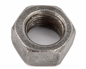 Metal nut closeup, isolated on white background