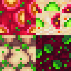 Salad seamless pattern set for pixel art style game, fabric textures. Isolated vector illustration. 1-bit. Design for stickers, logo, web, mobile app. 