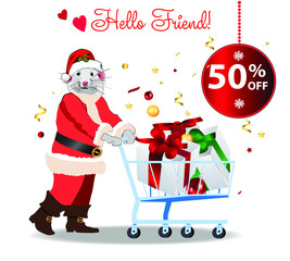 Christmas mouse in Santa's clothes with a cart with gifts. New Year and Christmas discounts. For design and greeting cards.