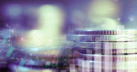 Financial investment concept, Double exposure of city night and stack of coins for finance investor, Forex trading candlestick chart, Cryptocurrency  Digital economy. background for invest