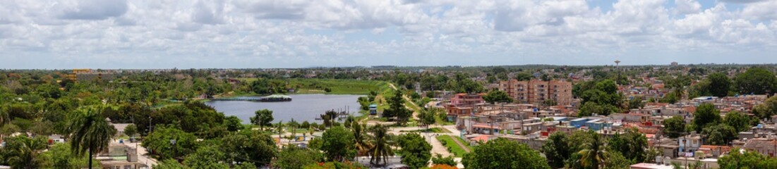 Aerial Panoramic view of a small Cuban Town, Ciego de Avila, during a cloudy and sunny day. Located in Central Cuba.