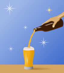 Hand holding a beer bottle pouring into a glass with blue background