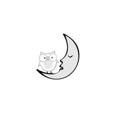 Cute cartoon owl sitting on a round dormant crescent moon, t-shirt graphics, posters, party concept, textile graphic, cute illustration for apparel or other uses