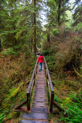 Woman wearing a red coat walking on a wooden path in a wild forest. Taken in Rainforest Trail, near Tofino and Ucluelet, Vancouver Island, BC, Canada.