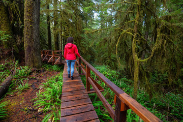 Fototapeta premium Woman wearing a red coat walking on a wooden path in a wild forest. Taken in Rainforest Trail, near Tofino and Ucluelet, Vancouver Island, BC, Canada.
