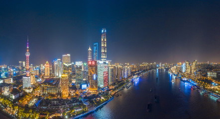The night view of the city on the huangpu river bank in the center of Shanghai, China