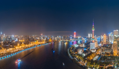 The night view of the city on the huangpu river bank in the center of Shanghai, China