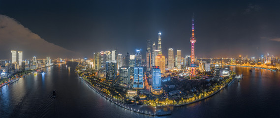 Panoramic aerial photographs of the night view of Lujiazuno City, Shanghai, China