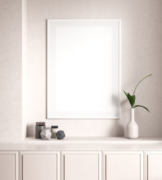 Mock up poster frame in all white Scandinavian style interior. Minimalist interior design. 3D illustration.
