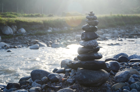 Stacked Stones For Blessing Purpose At The Side Of  Kota Kinabalu Mountain, Malaysia