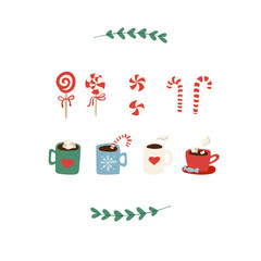 Simple winter icon with candy cane and cocoa mugs