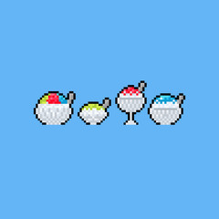 Pixel art colorful shaved ice cartoon icon set.