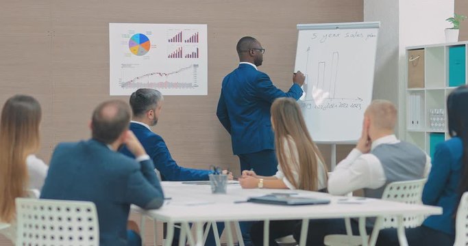 Black employee shows the company's income level, draws graphs on a flipchart. Partners of an international company listen to the report of a black partner.