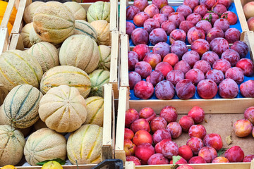 Honeydew melons and plums for sale at a market in Naples, Italy