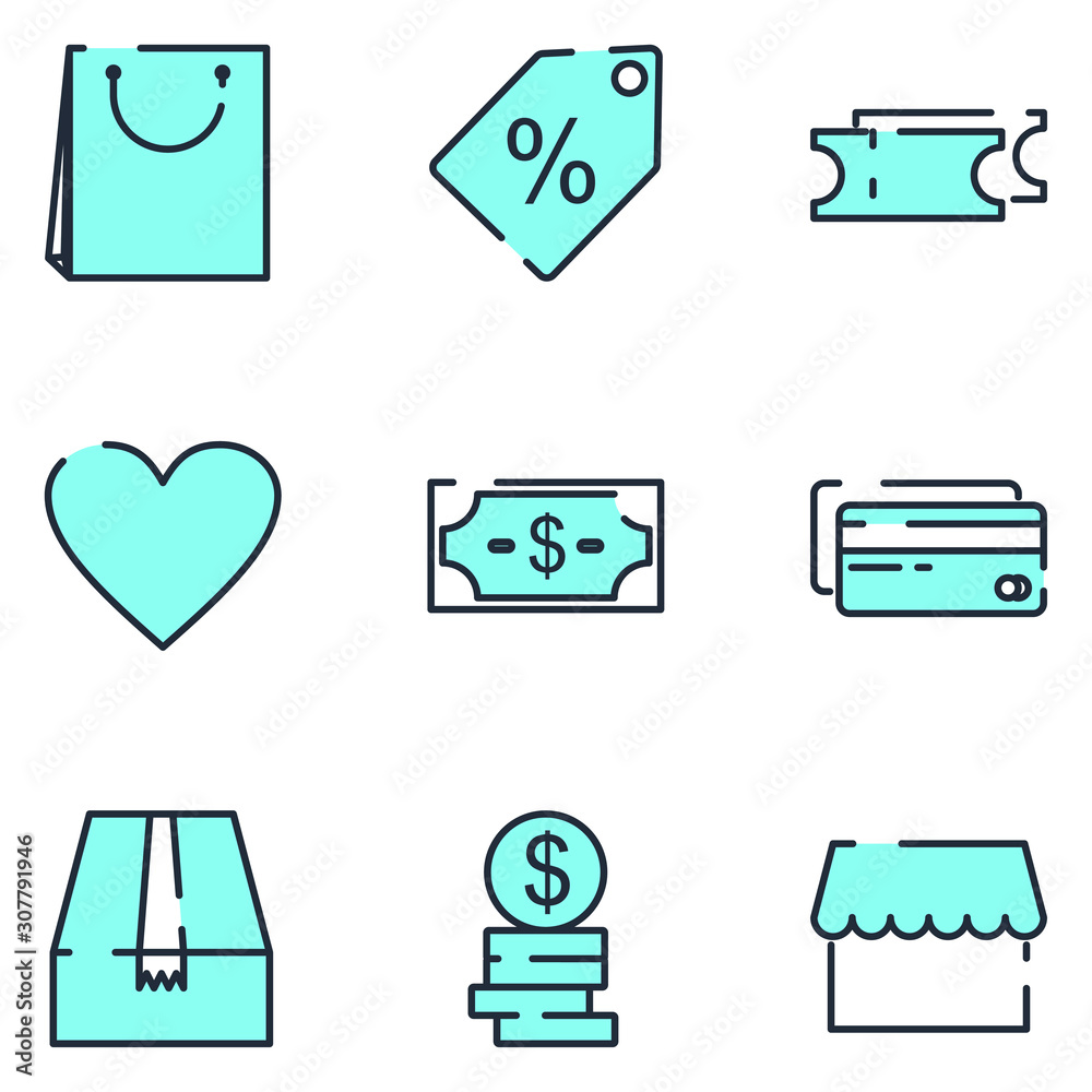 Aufkleber shopping set icon template color editable. market pack symbol vector sign isolated on white backgrou