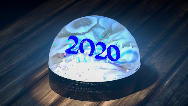 Shining, glass snow globe with 2020 year digits powdered by snow inside 3d rendering realistic on Wooden Desk with falling snowflakes. New Year and Christmas. Winter Holidays.