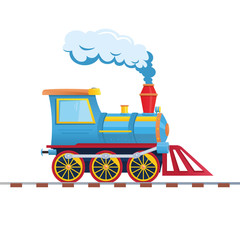 Flat image of isolated on white toy train locomotive on rails. Cartoon vector illustration.