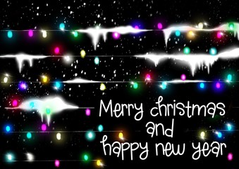 Merry Christmas and Happy New Year card made of snow and bright colored neon glowing lights. Printable card.