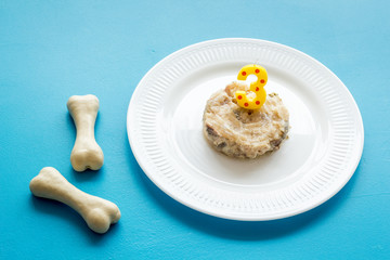 Birthday treat for puppy concept. Dog feed, candle in shape of number three, bones on blue background