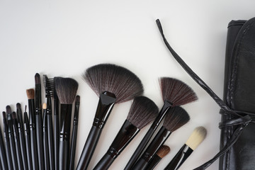 A set of a black make up brushes over the white background