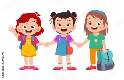 Happy Cute Kids Girls Ready To Go To School Wall Mural Wallpaper Murals Colorfuel Studio Happy Cute Kids Girls Ready To Go To School Wall Mural Wallpaper Murals Colorfuel Studio