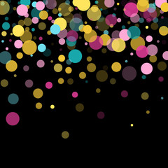 Memphis round confetti festive background in cyan blue, pink and yellow. Childish pattern vector.