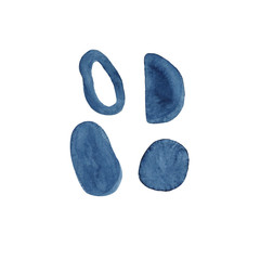 Classic blue watercolor spots. Moidern watercolor set of abstract hand drawn aesthetic forms, brush strokes, freehand colors elements, shapes. Classic blue abstract collage backgrounds.