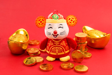 Gold COINS, gold ingot and mascot for the year of the rat