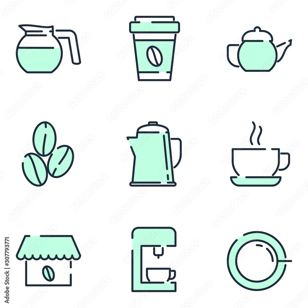 Poster Coffee set icon template color editable. Coffee pack symbol vector sign isolated on white background icons vector illustration for graphic and web design.