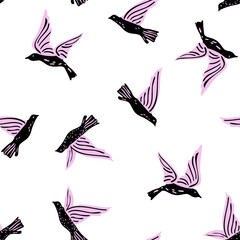 Flying doodle birds seamless pattern. Cute hand drawn birds background in childish, kids style.