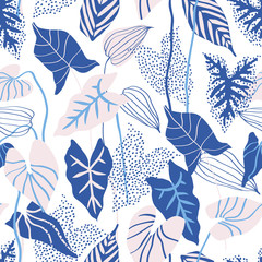 Abstract Tropical leaves with line, dots textures seamless pattern on white background