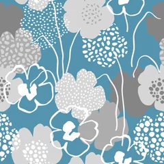 Foto op Canvas Surface design with abstract flowers, minimal sgapes, doodles on blue background. © Tanya Syrytsyna
