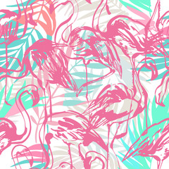 Tropical seamless pattern with flamingos, palm leaves, triangles, grunge textures.