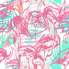Wall murals Flamingo Tropical seamless pattern with flamingos, palm leaves, triangles, grunge textures.