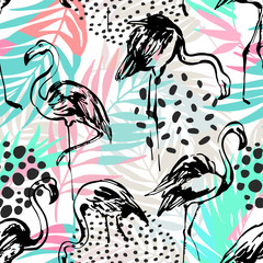 Tropical seamless pattern with flamingos, palm leaves, triangles, grunge textures.