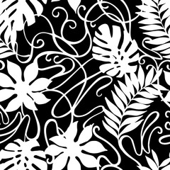Black and white tropical florals, vintage ornament seamless pattern.