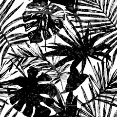 Hand drawn abstract tropical summer background: palm, monstera leaves in silhouette, line art, grunge, scribble textures © Tanya Syrytsyna