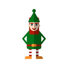 Chistmas elf vector flat illustration isolated on white background. Xmas selebration charachter - funny flat elf with red beard and green clothes with golden belt. Christmas character icon of elf.