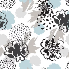 Papier peint Coquelicots Fond floral minimal. Fleurs de pavot abstraites, silhouettes de feuilles, modèle sans couture de griffonnages.
