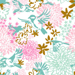 Abstract chrysanthemum, small flowers, flying birds seamless pattern