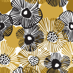 Hand drawn black and golden daisy flowers background with doodles