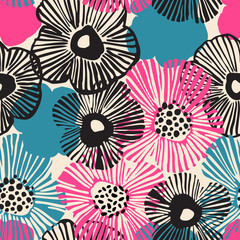 Materiał do szycia Hand drawn flowers background in retro blue black pink colors. Big blooming flowers