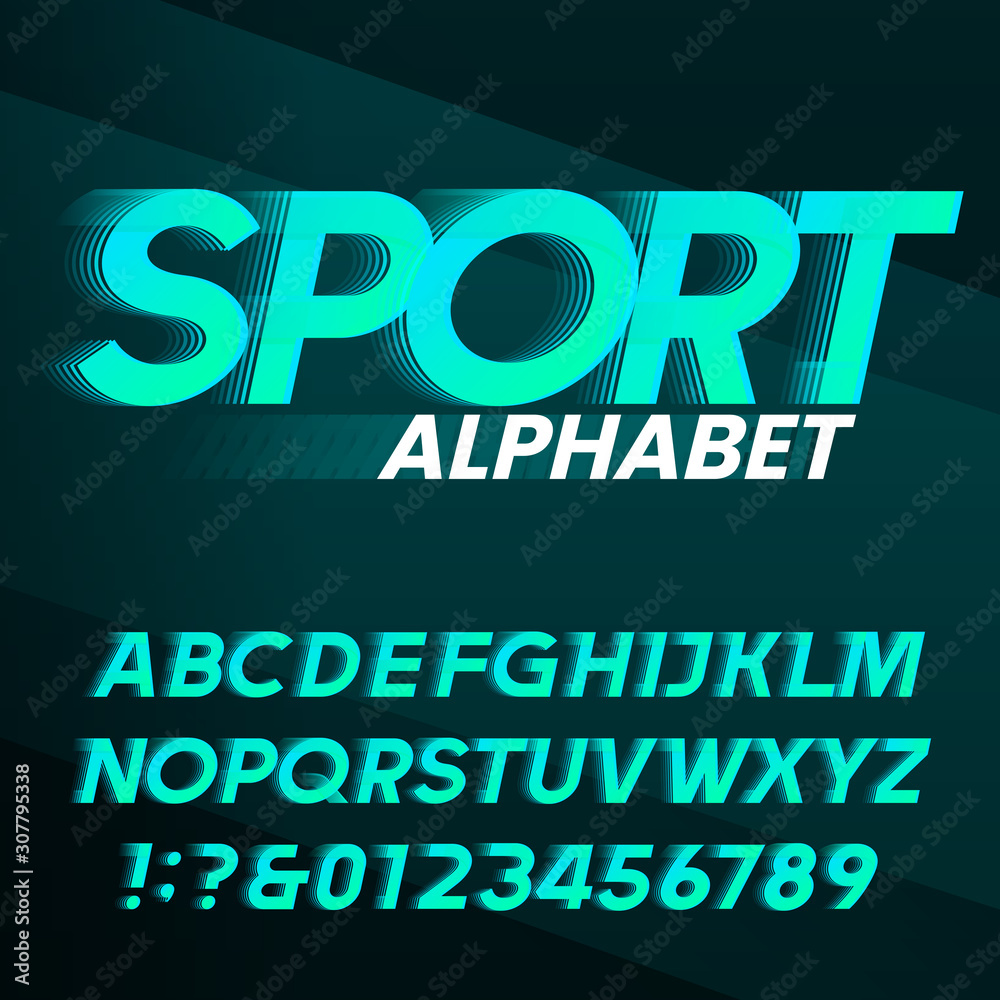 Fototapete sport alphabet font. fast wind effect oblique letters and numbers. stock vector typescript for your 