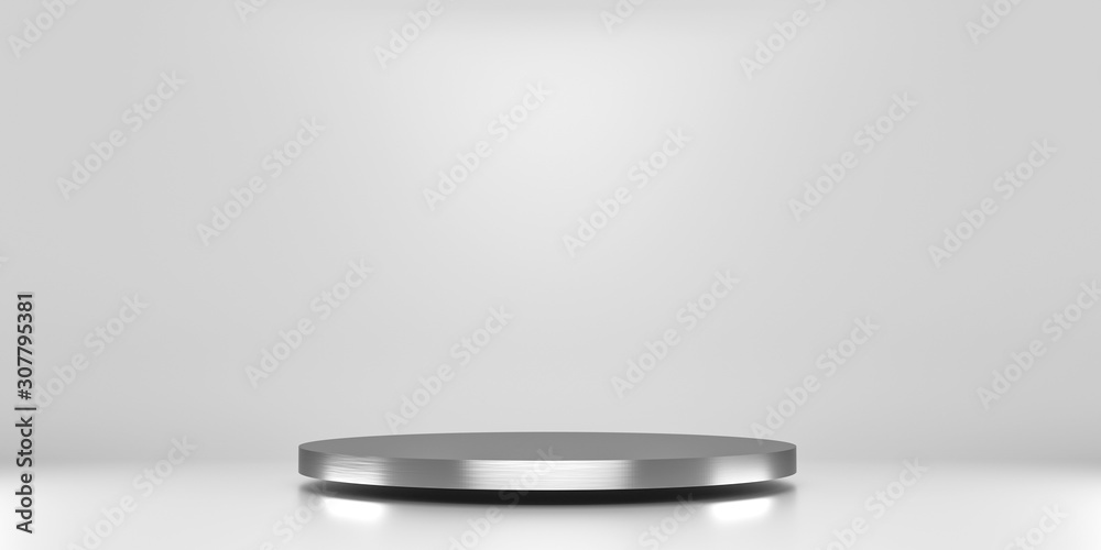 Poster silver pedestal of platform display with luxury stand podium on white room background. blank exhibit